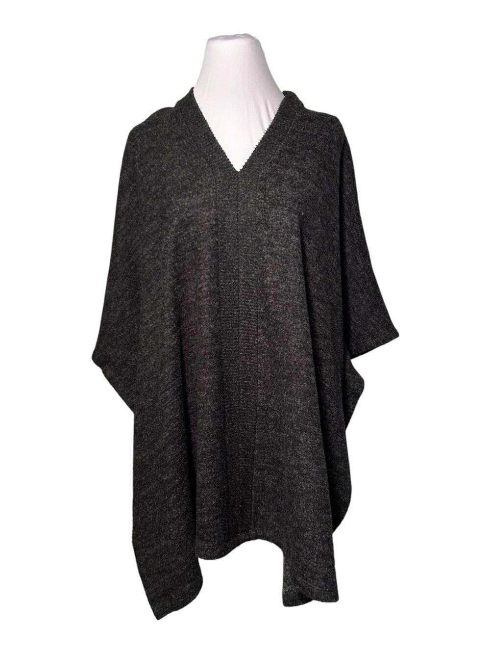 Cherish V-Neck Charcoal Gray Knit Poncho Sweater One Size Loose Fit Oversized